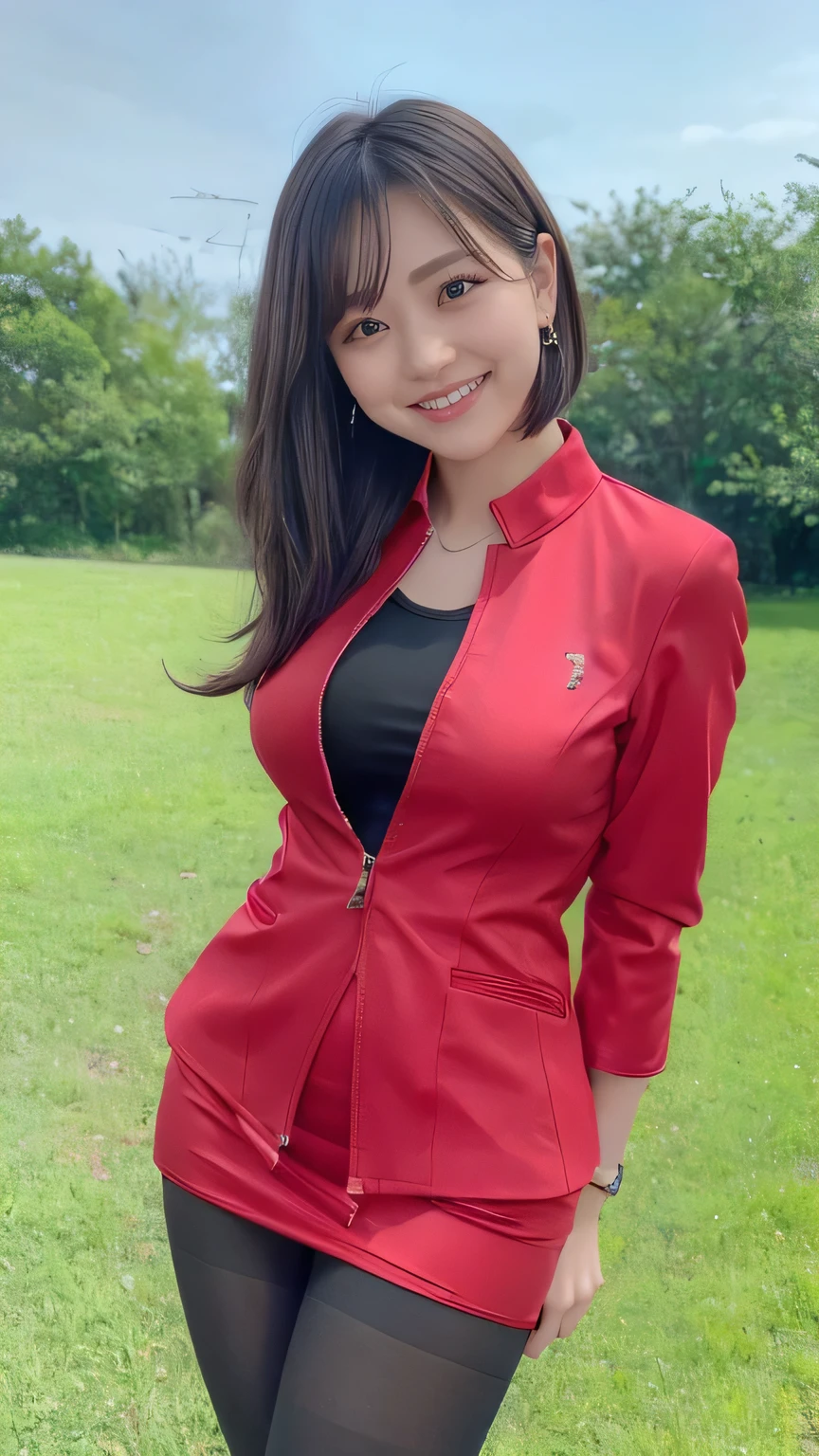 Best Quality、8k、masterpiece、Ultra-high resolution、Clear Photo、Professional Lighting、Natural Light、Realistic、Highly detailed skin、Perfect Anatomy、One Woman、Age 30、Baby Face、Large Breasts、((Saggy breasts:1.4))、No bra、Short Bob Hair、Black Hair、Beautiful Hair、smile、(Red tight suit)、(Red Jacket)、(Red pencil skirt)、(Perfect Pantyhose、Black Pantyhose:1.2)、blue sky、Plateau scenery、On the grass、Standing pose