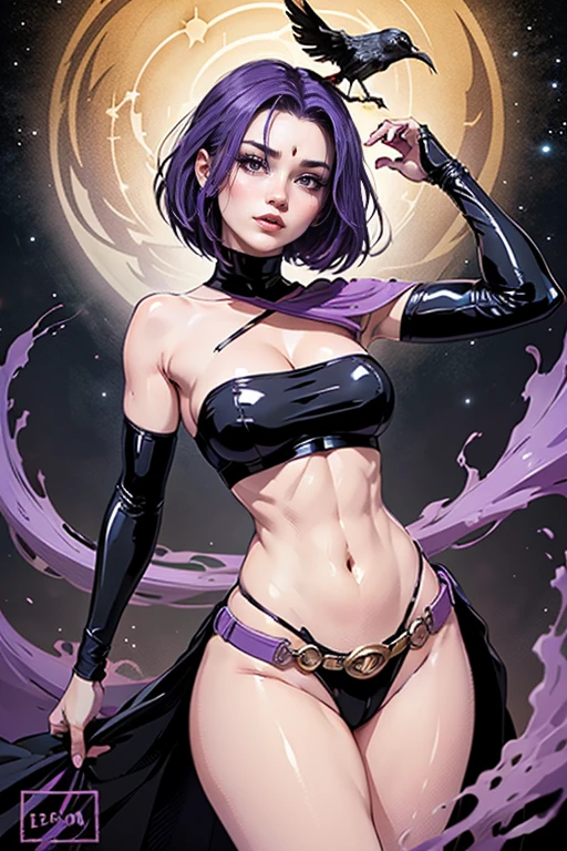 illustration of Raven from DC Comics, 1 girl, Raven, turtleneck, Black strapless sleeveless leotard, purple hair, forehead jeEmel, purple eyes, very long down loose hair down to her hips, Belt, tight skin, standing, cleavage, Sexy Busty Voluptuous skimpy Buff Muscular, athletic toned, pose, night , moonlight, ((posing)), movement lines, torso, upper body, portrait, B&Em. contour, in anime tarot card art style, elegant, glamorous, reflection, shine, shading, small