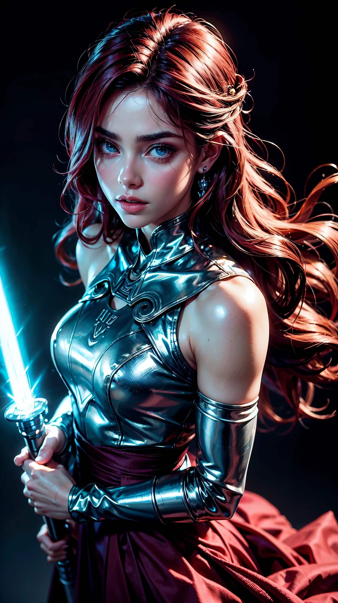 masterpiece, ultra intricate details, camera angle, high angle photography, view from above, 1 girl, jedi, star wars, blushing, parts, traje sexy de jedi color marron. purple lightsaber, escote long hasta el cinturón, red hair, wavy, long, thick and bushy eyebrows, guerrera jedi, Swollen eyes, perfectly rounded sclera, Highly detailed cherry mouth and lips , cyan eyes, big, bright eyes, holding his lightsaber, posing like jedi, expressive, ((studio light)), Hyperrealistic anime, Augmented reality, Hyperrealistic style, ((Ultra intricate face and body details, extremely detailed skin)), neon lights, star wars atmosphere, Ultra quality, 4k high definition, mid body, far, portrait, background blur