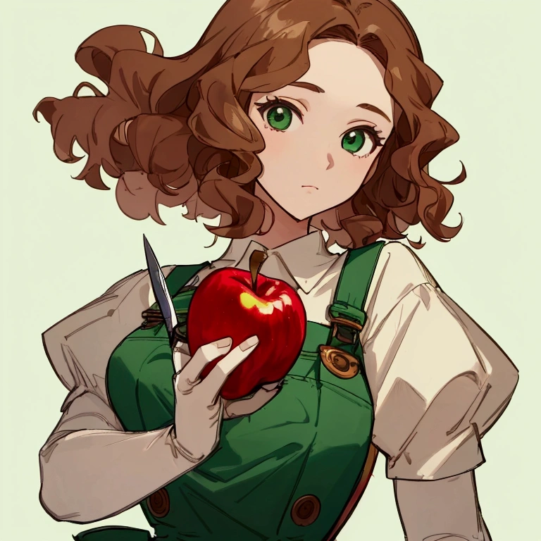 (Masterpiece, best quality) detailed, a girl wearing a green overall, with short curly brown hair, ((she is cutting an apple with a knife)) as she looks at the camera, upper body portrait, she has a serious expression, Knife