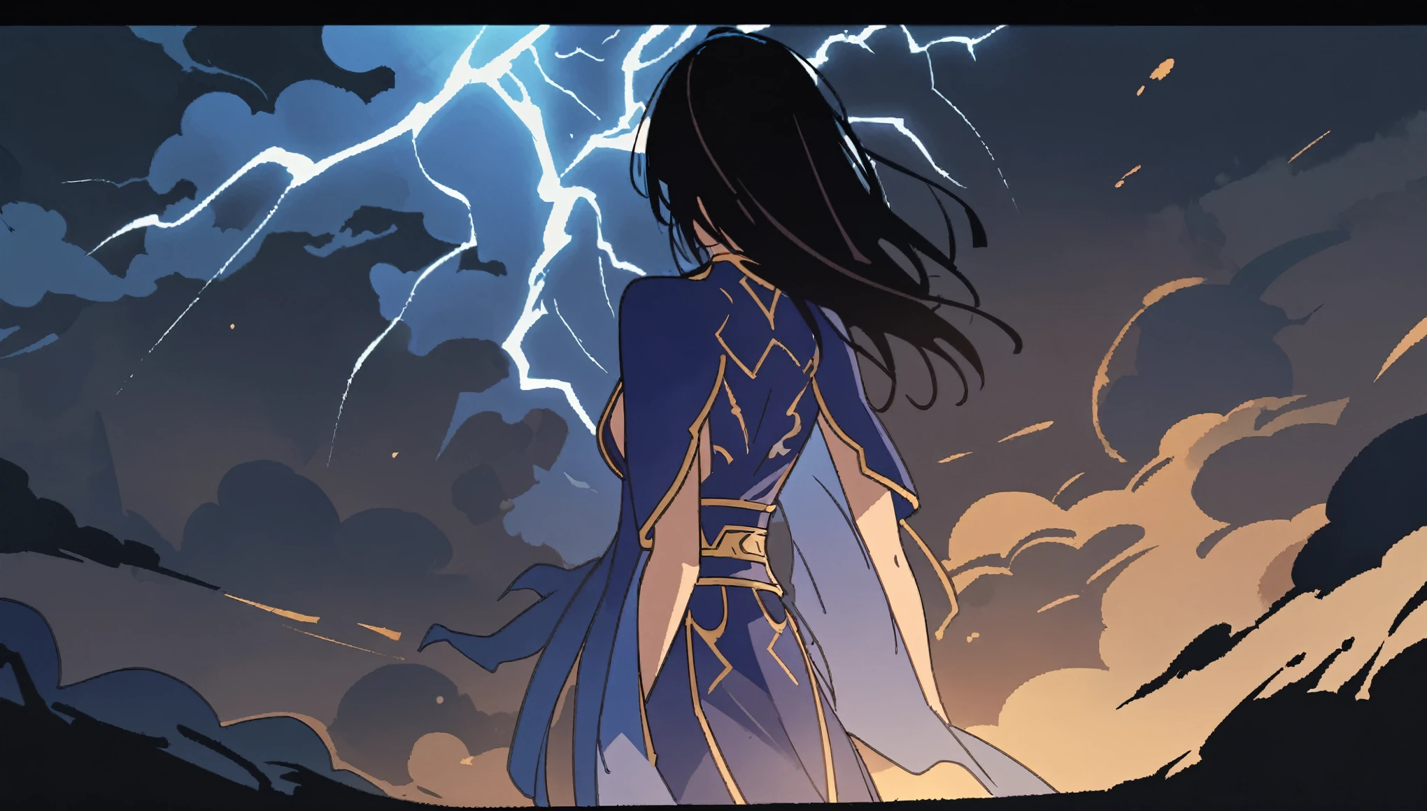 1woman, back turned, facing away, lightning goddess, black hair, lightning, woman, blue clothes, dark silhoutte, chinese godess of thunder, upper body, clouds, chinese style, clouds, thunder, lighting, flat vector, outlines, illuminating the sky, hd, vector, illustrated, hd, 4k detailed, high quality, artisitc