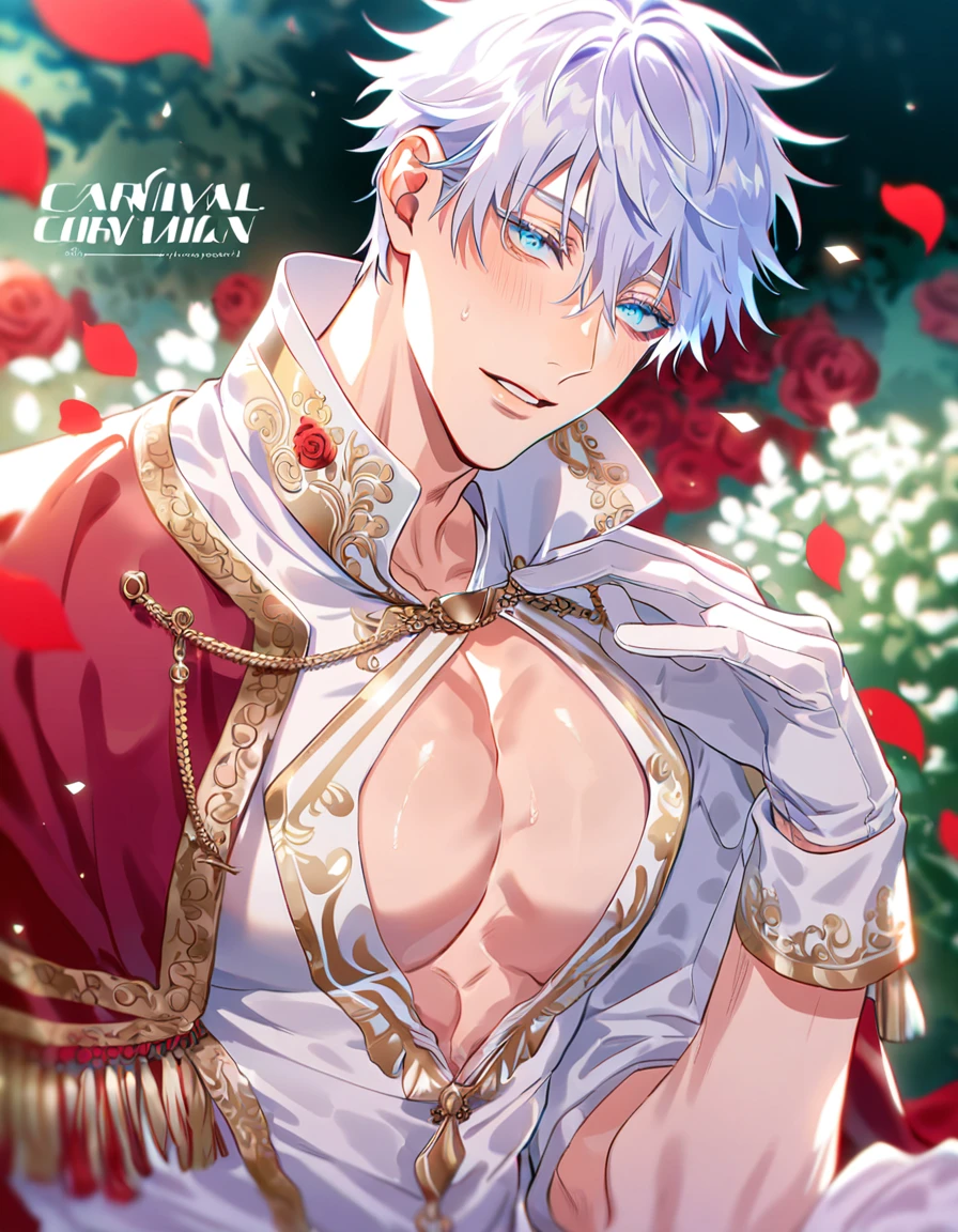 absurdres, highres, ultra detailed, HDR, masterpiece, best quality, detailed face, detailed eyes, Gojou Satoru, white hair, expressive blue eyes, Jujutsu Kaisen, Nu Carnival, solo, sexy man, adult face, handsome, sensual, horny, erotic, fantasy white prince clothes, fancy clothes, prince, red cape with high collar, white gloves, accessories, showing the chest, garden, red roses, red petals 