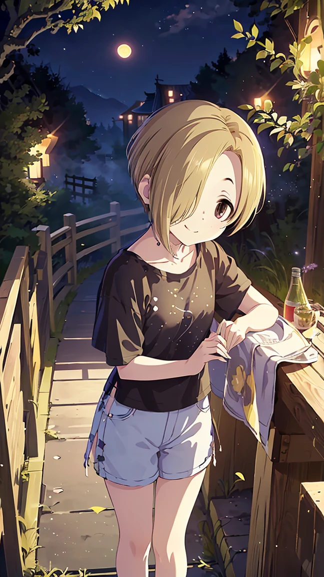 masterpiece, Best Quality, High resolution, Very detailed,(((Shirasaka Koume))), (((Standing at a distance))), (((full moon))), (((nature))), (((night))), (((Black T-shirt))), (((grassland))), (((Starry Sky))), (((smile))), (((One girl))), (((solo))), (((Blonde))), (((Brown Hair))), (((Short Hair))), (((Hair covering one eye)))