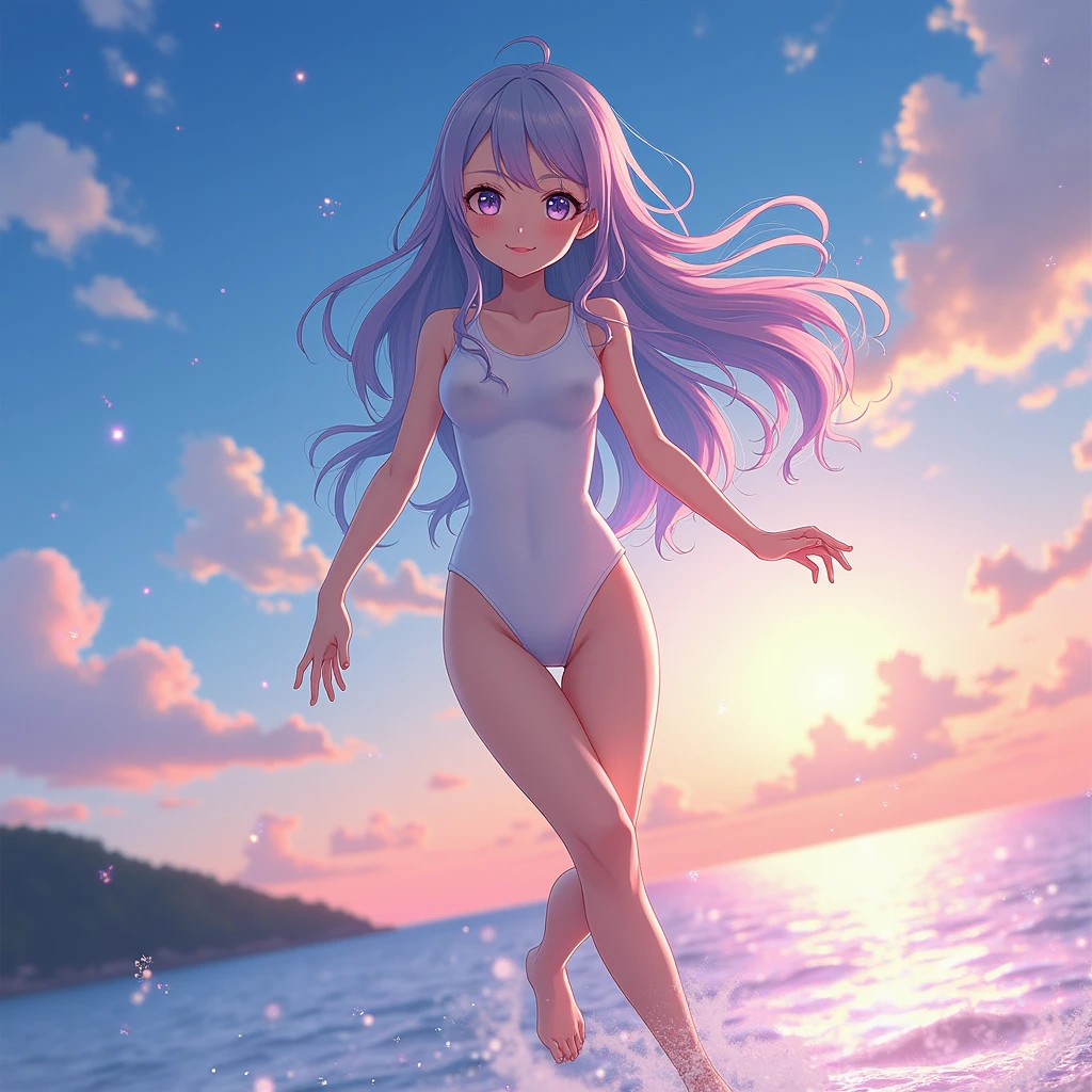 A silver-haired girl with pink and white skin, wearing only a bikini with a round butt, was looking at the beach with him at the bright sunset.
