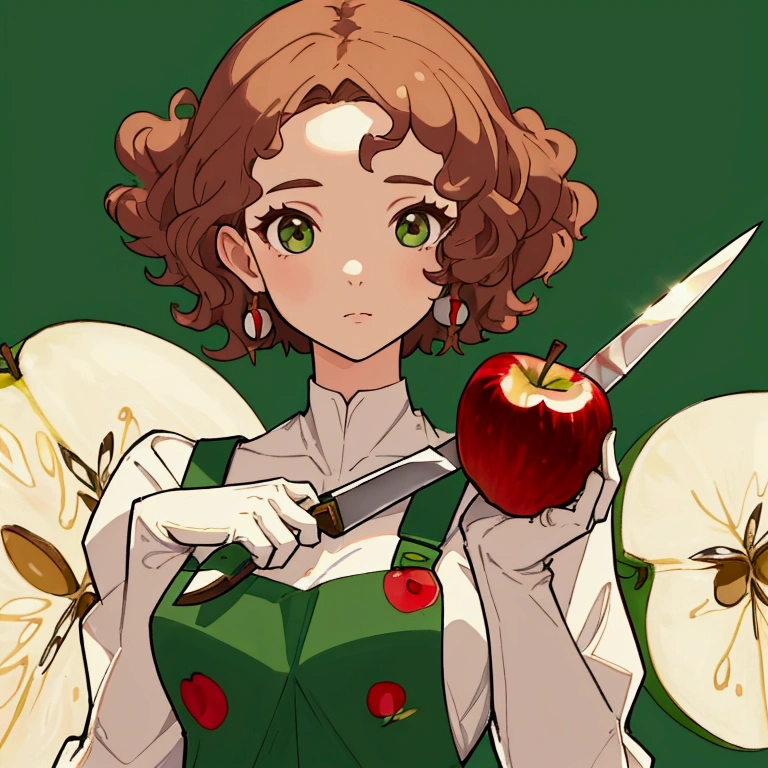 (Masterpiece, best quality) detailed, a girl wearing a green overall, with short curly brown hair, ((she is cutting an apple with a knife)) as she looks at the camera, upper body portrait, she has a serious expression, Knife