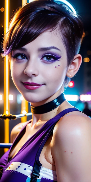 Photo of a  European girl, .RAW, beautiful woman,freckles on cheeks and chest ,beautiful blue eyes(Light brown hair pixie haircut),pixie hair cut ((portrait)), ((detailed face:1.2)), ((Detailed facial features)), (finely detailed skin), Pale skin,park, london ferris wheel、Purple sleeveless t-shirt with skull image  , lilac skirt with checkered images, Loose white belt, Long boots with heels ,cute makeup, Purple eyeshadows on eyelids ,a sexy one(cool color), humid, humid, Reflectors, (Tabletop) (perfect proportions)(Realistic photos)(The best quality) (detailed) photographed with a Canon EOS R5, 50mm lens, f/2.8, NffSW, (8k) (wallpaper) (cinematic lighting) (Dramatic lighting) (Sharp focus) (Convoluted) Nice smile , happy , playing electric guitar , medium breasts , freckles on the face and chest , beautiful teenage model  , fashion  , sombra de ojos color morado 