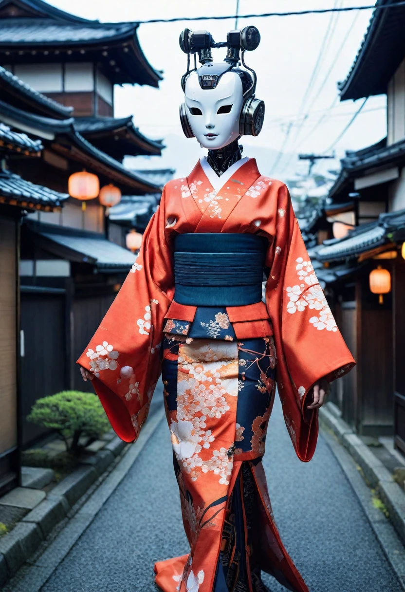 Its neck is so long it looks like a kirin、Create an image of a beautiful kimono-clad female android walking through the streets of Kyoto. The style is awful, and the Fusion of humans and robot has a mysterious and Spooky atmosphere amidst the beauty. In the background is an old Japanese cityscape. It has a Long neck made of machines and wears a mask. Imagine a strange and creepy picture - Ar 9:16.
Spooky atmosphere, Fusion, Horror, Japanese cityscape, Long neck, robot, At 6 o&#39;clock