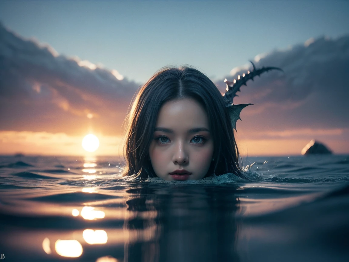 ((sun in the sky)), 1girl, korea idol face innocent, ((Gothic)), Big cleavage, alone, ((She rode a dragon and flew in the sky. She flew close to the surface of the water at high speed, causing the water to splash in a long way.)), her hair flying, ((9 headed dragon)), beautiful backlights, beautiful sunset, sunbeams, , the scene seems taken from a movie, hyper-realistic, maximum detail, cinematographic light, bikini, big breasts, A masterpiece of hightquality、high detailing、top-quality、nffsw、4K、8K、Icicles、Trapped in the ice, best quality, high quality, extremely detailed, masterpiece, best quality, photorealistic, raw photo, detailed skin, real photo, Navel piercing, abstract explosion of [color random], 3d effect, RAW photo, best,