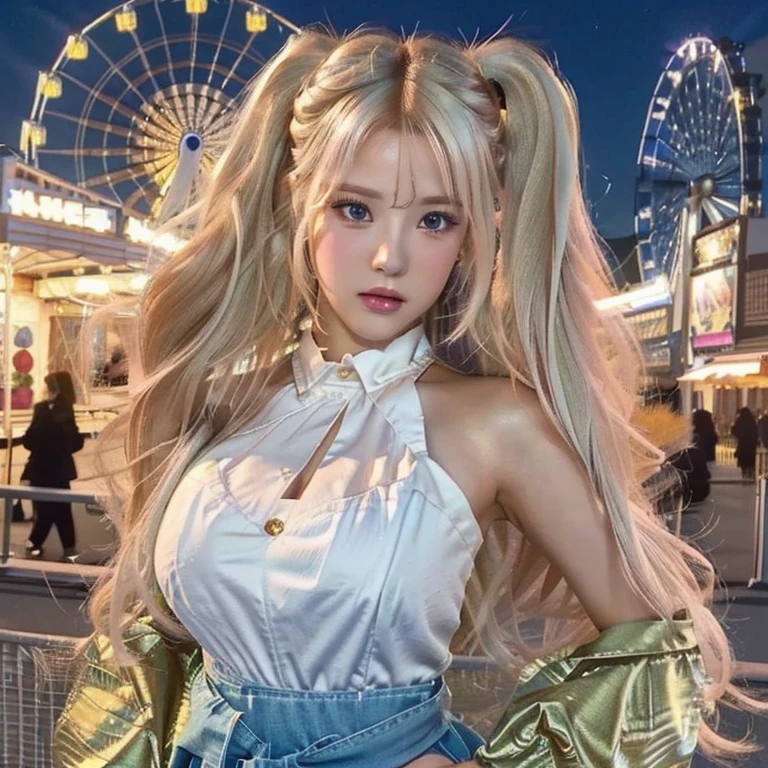 a close up of a person holding a cell phone near a ferris wheel and blue like eyes, anime barbie in white, anime vibes, realistic anime 3 d style, anime styled 3d, render of a cute 3d anime girl, style anime, anime style. 8k, anime styled digital art, perfect white haired girl, anime vtuber full body model, anime barbie doll, Físico : el abdomen más pequeño jamás visto, jisoo from blackpink, popular south korean makeup, quality detailed ,(beautiful makeup :1.2), Wide hips, big, big ass, (best quality, 8K, masterpiece: 1.3), Clear focus: 1.2, Perfect body beauty: 1.4, strong abs, Very detailed face and skin texture. , detailed eyes, double eyelids, (long hair), having very marked curves, with greater volume in ((hips and breasts)), which makes the waist look much smaller ((wasp waist))