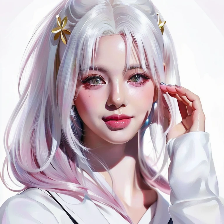 a close up of a woman with long white hair and pink lipstick, girl with white hair, perfect white haired girl, kawaii realistic portrait, stunning anime face portrait, beautiful anime portrait, realistic anime art style, artwork in the style of guweiz, anime realism style, realistic cute girl painting, detailed portrait of anime girl, realistic anime artstyle, digital anime art