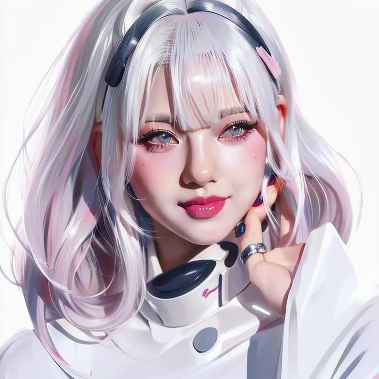 a close up of a woman with long white hair and pink lipstick, girl with white hair, perfect white haired girl, kawaii realistic portrait, stunning anime face portrait, beautiful anime portrait, realistic anime art style, artwork in the style of guweiz, anime realism style, realistic cute girl painting, detailed portrait of anime girl, realistic anime artstyle, digital anime art