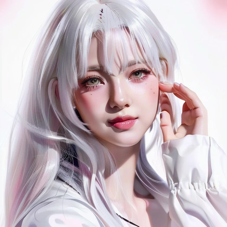 a close up of a woman with long white hair and pink lipstick, girl with white hair, perfect white haired girl, kawaii realistic portrait, stunning anime face portrait, beautiful anime portrait, realistic anime art style, artwork in the style of guweiz, anime realism style, realistic cute girl painting, detailed portrait of anime girl, realistic anime artstyle, digital anime art