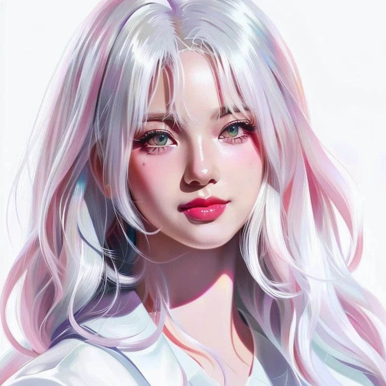 a close up of a woman with long white hair and pink lipstick, girl with white hair, perfect white haired girl, kawaii realistic portrait, stunning anime face portrait, beautiful anime portrait, realistic anime art style, artwork in the style of guweiz, anime realism style, realistic cute girl painting, detailed portrait of anime girl, realistic anime artstyle, digital anime art