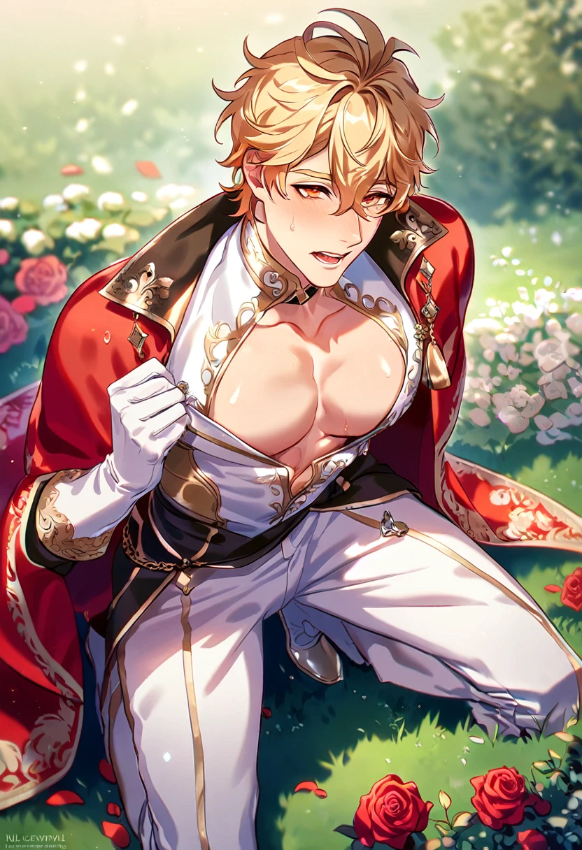 absurdres, highres, ultra detailed, HDR, masterpiece, best quality, detailed face, detailed eyes, Quincy, blond messy hair, expressive orange eyes, Nu Carnival, solo, sexy man, adult face, handsome, sensual, horny, erotic, fantasy black prince clothes, white pants, kneeling down on the grass, red cape with high collar, white gloves, accessories, showing the chest, garden, red roses, red petals 