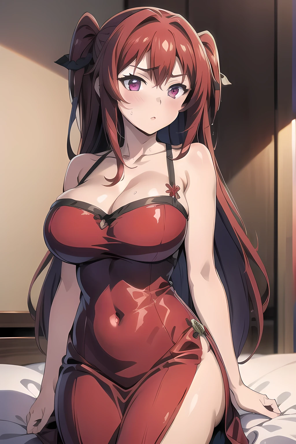 (masterpiece, best quality:1.2), 1girl, solo, female, mio naruse, long hair, red hair, two side up, purple eyes, large breasts, red dress,