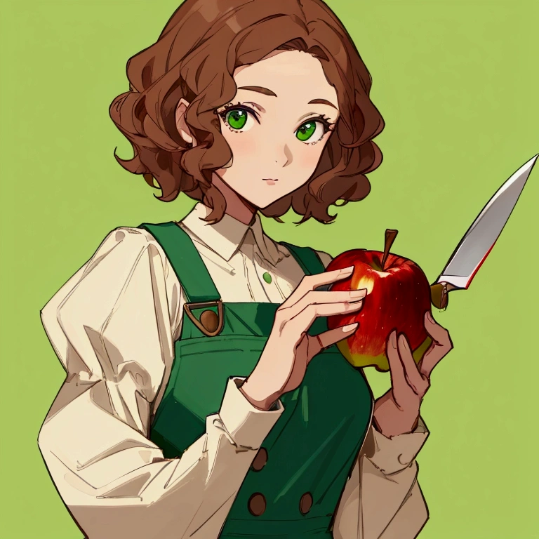 (Masterpiece, best quality) detailed, a girl wearing a green overall, with short curly brown hair, ((she is cutting an apple with a knife)) as she looks at the camera, upper body portrait, she has a serious expression, Knife