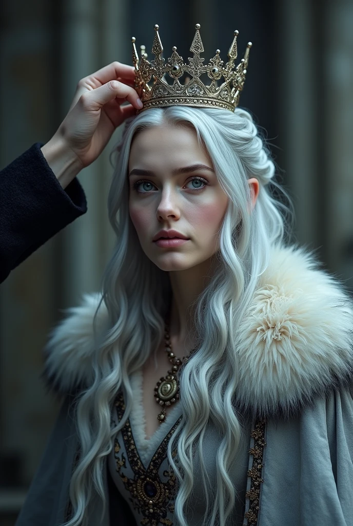 "Create a realistic image of a regal woman being crowned in a dark, gothic setting. The focal point of the image is the woman's hair, which is long, flowing, and impeccably styled in soft, voluminous waves. The hair is a striking platinum blonde, almost white, with a luminous sheen that catches the light, creating a stark contrast against her dark clothing. Each wave is perfectly formed, cascading down her shoulders with a smooth, silky texture that suggests meticulous care and refinement. The woman sits with a serene, almost meditative expression as two figures on either side delicately place a crown on her head. The crown is adorned with sharp, metallic spikes that accentuate the contrast between her soft, ethereal hair and the cold, hard metal. She wears a black velvet gown with intricate silver embroidery, further highlighting the radiant quality of her hair. The dim lighting in the room enhances the dramatic shadows and light, making the hair appear even more lustrous and central to the scene, while the background fades into darkness, drawing all attention to her and her crowning moment."