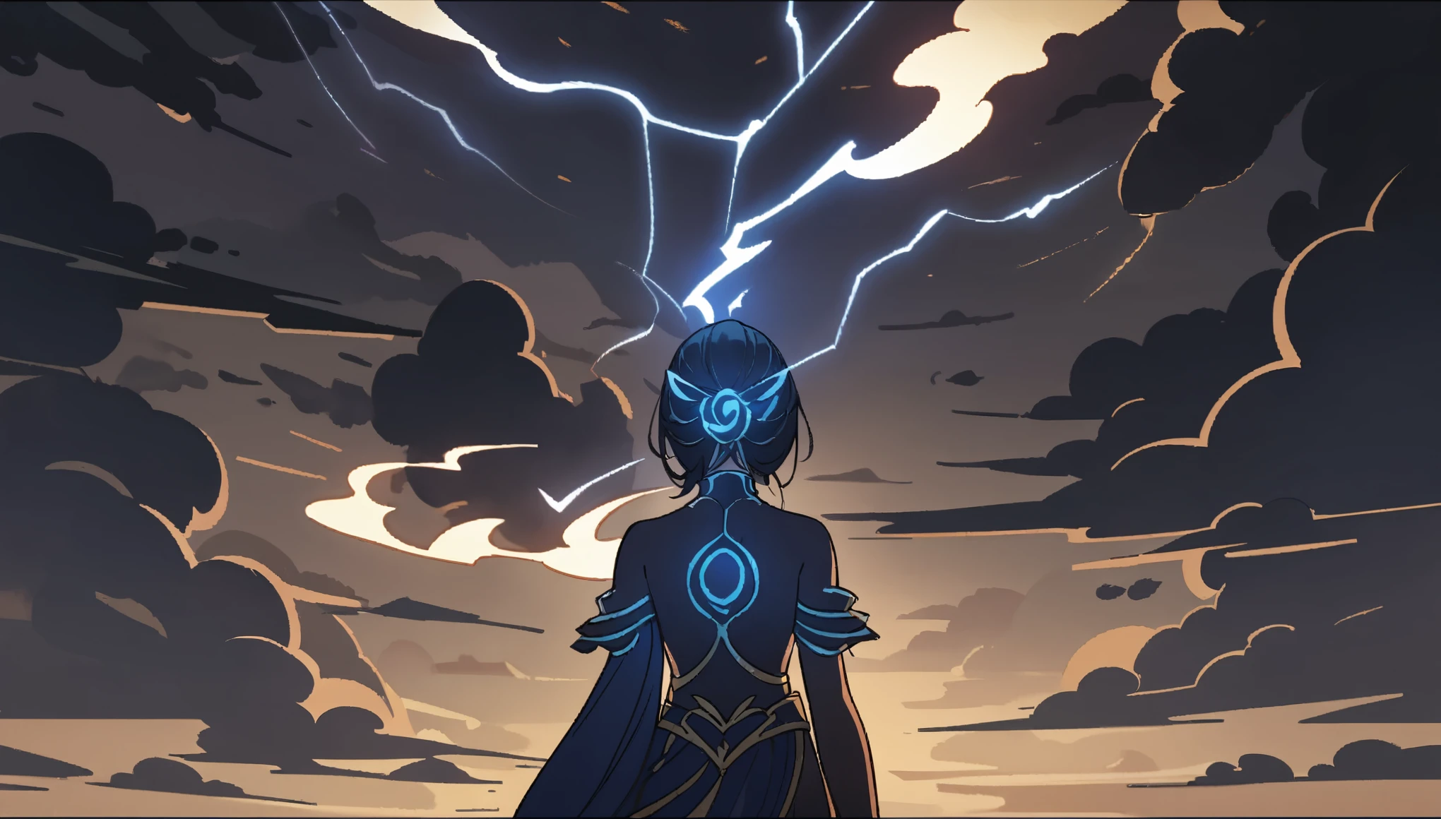 1woman, back turned, facing away, lightning goddess, black hair, lightning, woman, blue clothes, dark silhoutte, chinese godess of thunder, upper body, clouds, chinese style, clouds, thunder, lighting, flat vector, outlines, illuminating the sky, hd, vector, illustrated, hd, 4k detailed, high quality, artisitc