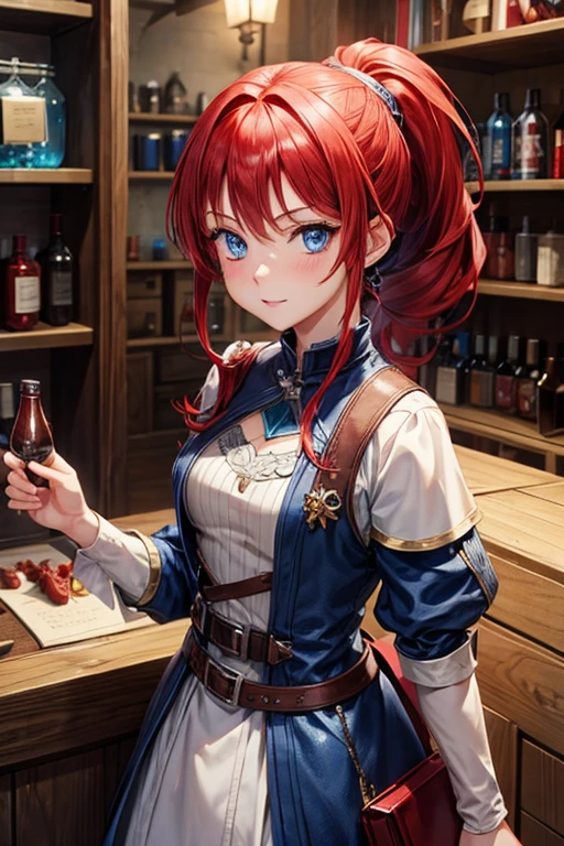 Ginger woman,1girll, freckles,28 year old,Red hair,double tails, Practical pirate clothing, (Long-sleeved pirate top), Skirt,Torn pirate hat, view the viewer, fantasy,Cinematic lighting,Masterpiece,