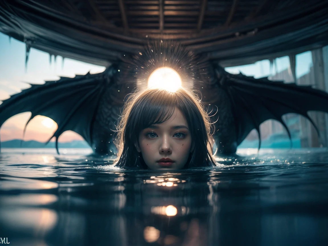 ((sun in the sky)), 1girl, korea idol face innocent, ((Gothic)), Big cleavage, alone, ((She rode a dragon and flew in the sky. She flew close to the surface of the water at high speed, causing the water to splash in a long way.)), her hair flying, ((9 headed dragon)), beautiful backlights, beautiful sunset, sunbeams, , the scene seems taken from a movie, hyper-realistic, maximum detail, cinematographic light, bikini, big breasts, A masterpiece of hightquality、high detailing、top-quality、nffsw、4K、8K、Icicles、Trapped in the ice, best quality, high quality, extremely detailed, masterpiece, best quality, photorealistic, raw photo, detailed skin, real photo, Navel piercing, abstract explosion of [color random], 3d effect, RAW photo, best,