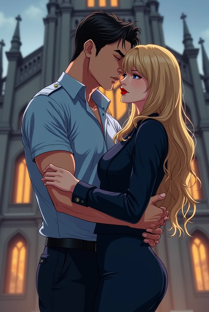 blonde, leather jacket, Police uniform, Handsome young man, Big tits beauty