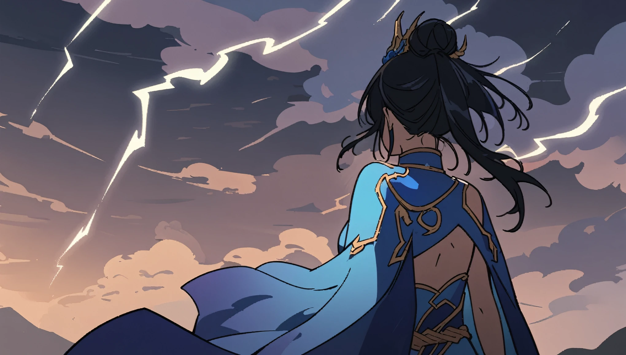 1woman, back turned, facing away, lightning goddess, black hair, lightning, woman, blue clothes, dark silhoutte, chinese godess of thunder, upper body, clouds, chinese style, clouds, thunder, lighting, flat vector, outlines, illuminating the sky, hd, vector, illustrated, hd, 4k detailed, high quality, artisitc