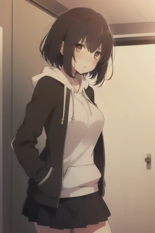 masterpiece, Best Quality, Absurd, Izuka_Minors, A girl seeing something scary, Brown eyes, Hair between the eyes, Black Hair, Medium Hair, Short, bangs, Hair Intake, Large Breasts, high school student, hoodie, jacket, black jacket, Black Skirt, Monster watching girl, fearにゆがんだ表情, anxiety, impatience, fear ,Hallucinations