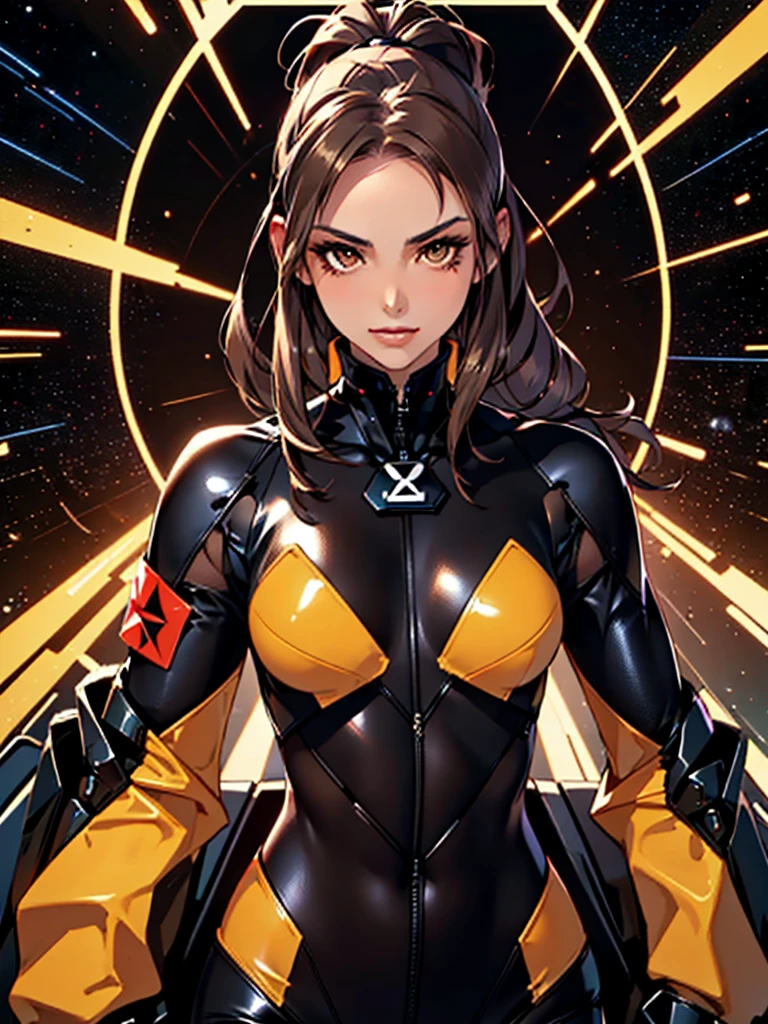 1girl, slender body, slim, extremely long ponytail, (((dark brown hair, brown eyes, tan skin))), brown skin, smirk, ((ochre and black latex bodysuit)), (black armor), (((hexagonal mesh))), ((extremely glossy)), cyberwear, space background, starship interior, space cockpit
