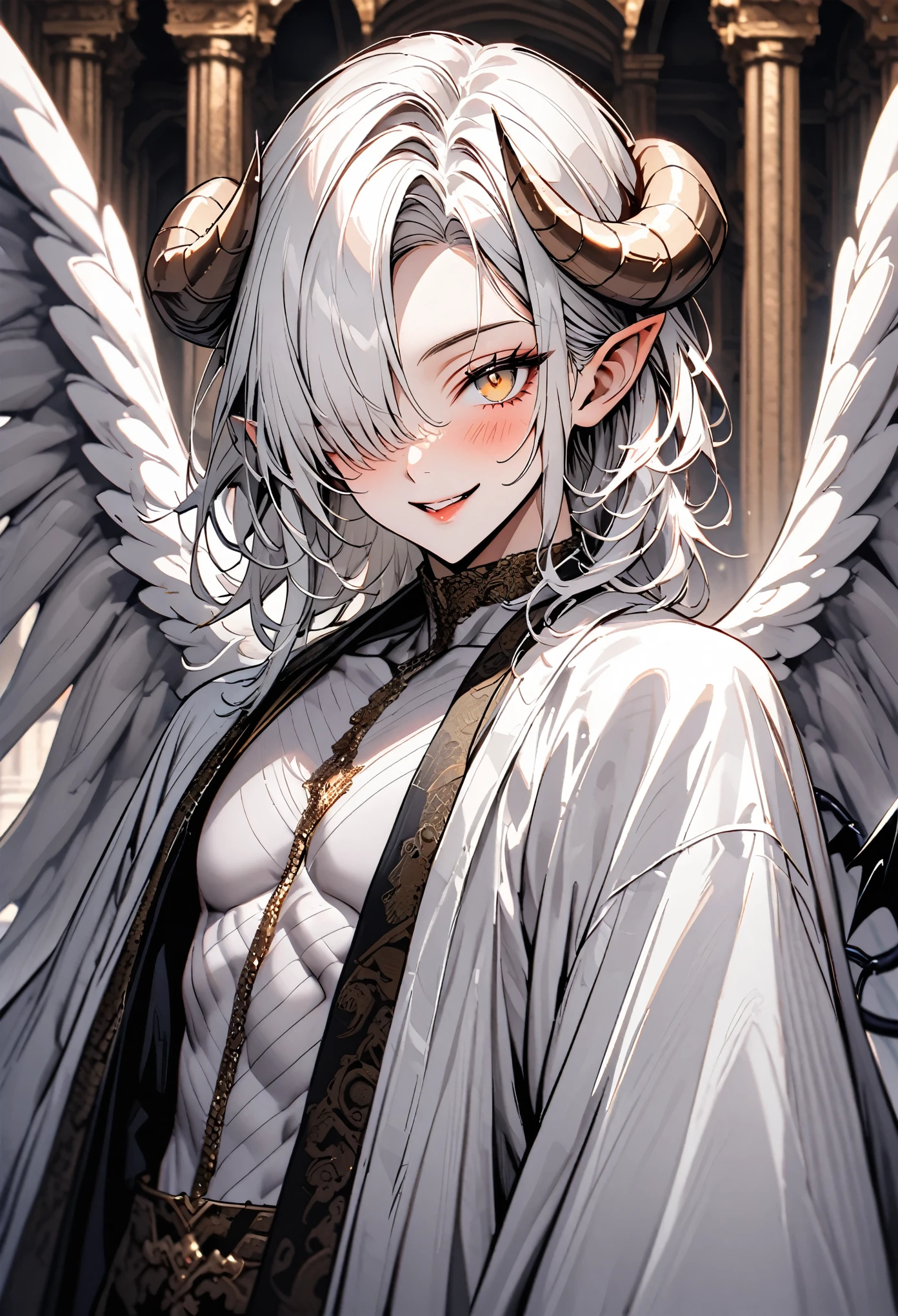 Demon Boy, White colored hair, red - eyed, A blue scarf around his neck, Ancient white clothing, White horns, Devilish white tail,There is hair at the end, Long ears, White Skin Skin, big white wings, Hanging in space.