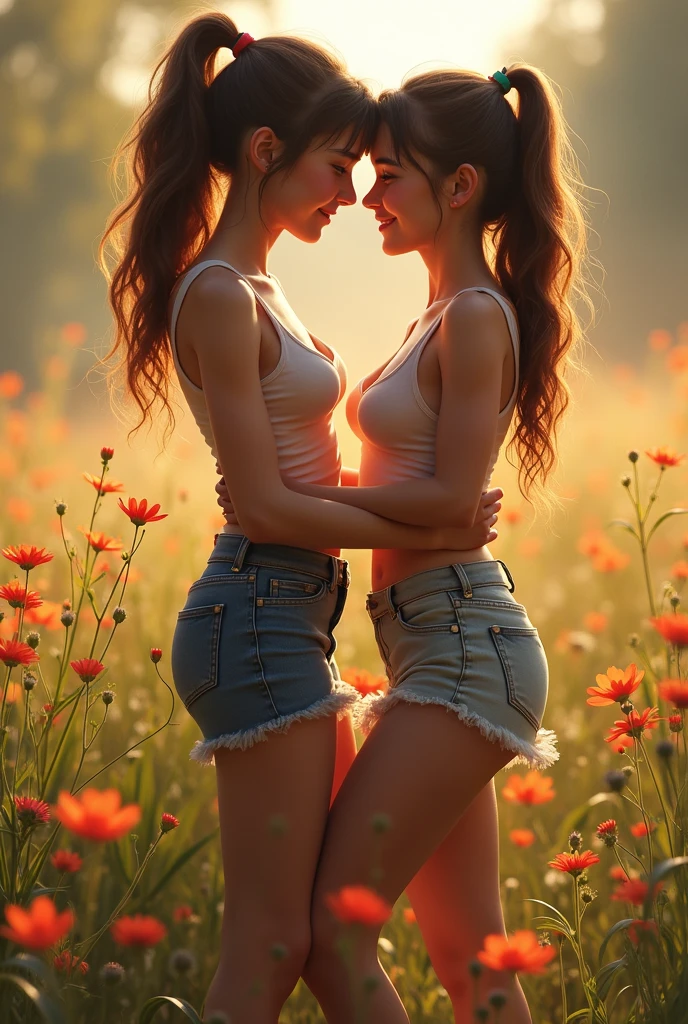 Two girls (), naked, identical, clones, passionately kissing