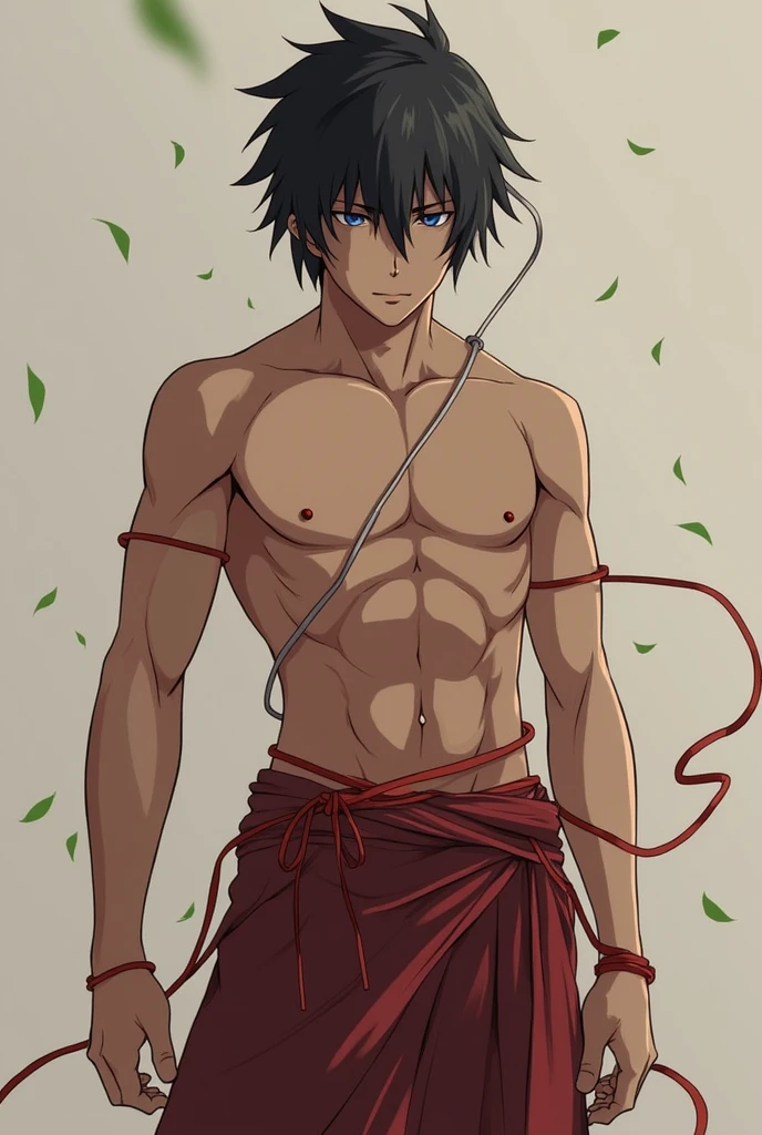A boy of about 10 years old is standing with a loincloth wrapped around his crotch.。