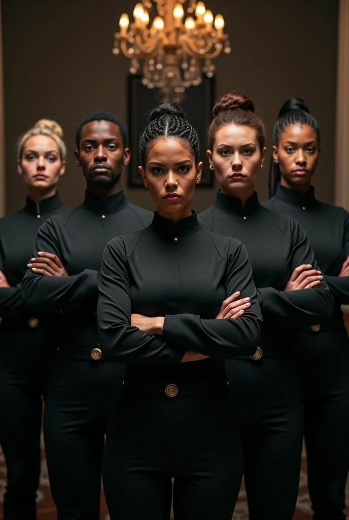(photorealism:1.2), a tall 50 year old white female prison guard in police uniform, one hand in the pants of a shorter 20 year old topless female black prisoner in orange prison jumpsuit, many female prisoners watching in background, prison setting, high detail, UHD, 4K