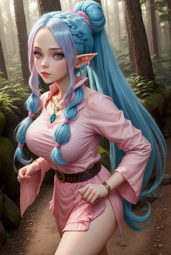 One elf, supper huge breasts, big tit, huge ass, sexy pose, long hair, thick body, open leg, blue eyes, no closer( no pan), white skin, hot body, no background, she has her hands behind her back