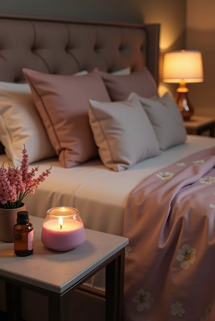 A bed with a blue duvet has a candle and a book on it, cozy and Peaceful atmosphere, Relaxed atmosphere, Peaceful atmosphere, Romantic atmosphere, relaxed mood, Romantic atmosphere, Cozy and calm, Beautiful atmosphere, Beautiful atmosphere, Peaceful atmosphere, Pleasant atmosphere, Cozy candlelight, beautiful and soft lighting, Cozy atmosphere, Candlelit