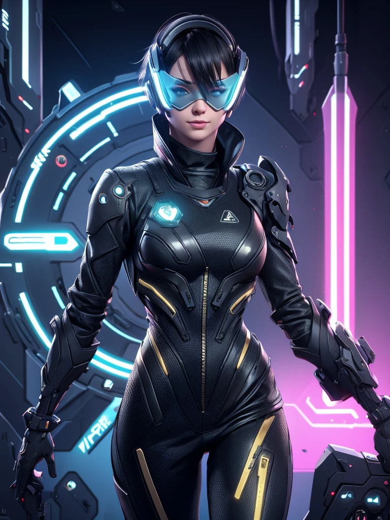 very slim female in long buzz cut hairstyle hacker, in golden vest, open vest, black Leather Cooling Jumpsuit with glowing with white light Vertical Stitching wires, Cyberpunk Glowing visor, Xtreme, breasts, big breasts, dirt on her clothes and face, black costume,leżącą na fotelu, dramatic lighting, realistic colors, highres, vivid colors, stunning neon city server room background, 8K image quality, Masterpiece