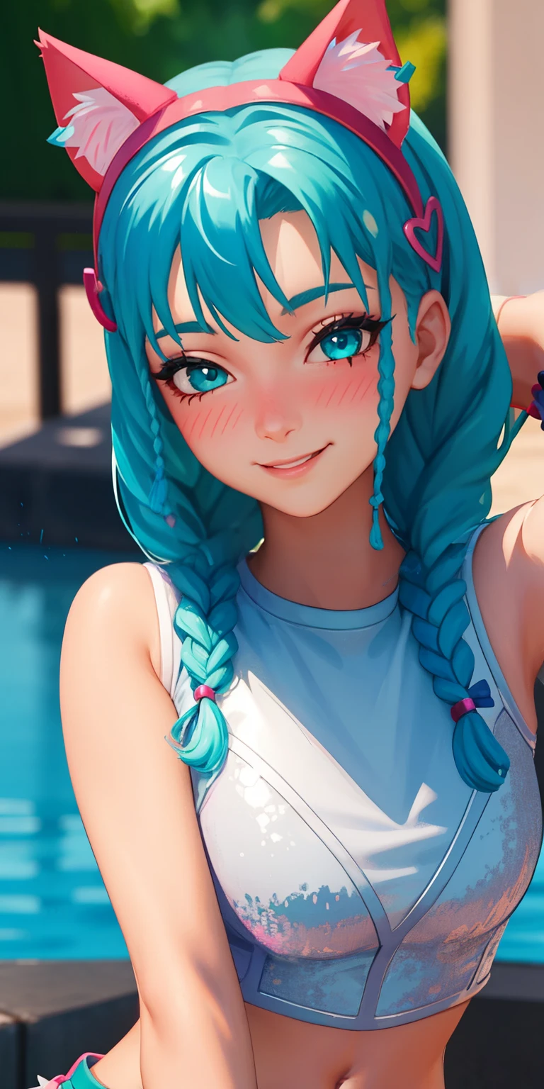 1girl,aqua hair, braided, aqua eyes, aqua eyeshadow, (eyeshadow1:1), (blush:1.1),upper body, heart,(speed lines:1.1), heart navel, cat ears headband, pink head band, white crop top, smile, looking at viewer, facing viewer, wink, 