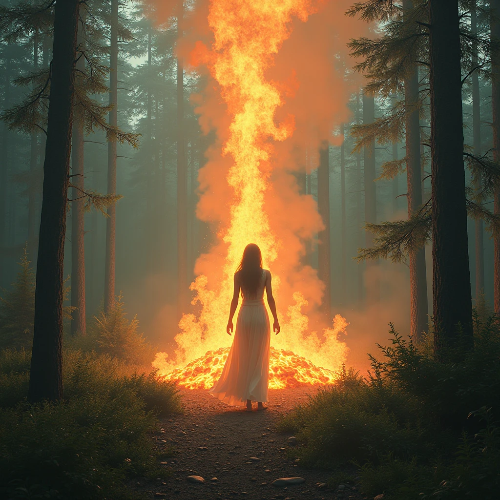 Bonfire in the forest at night, woman, back view