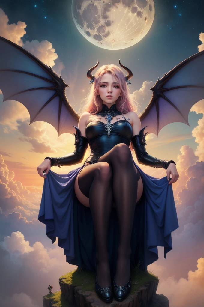 ((best quality)), ((masterpiece)), (detailed), succubus, ethereal beauty, perched on a cloud, (fantasy illustration:1.3), enchanting gaze, leotard, pantyhose, stockings, bodysuit, captivating pose, delicate wings, otherworldly charm, mystical sky, large moon, moonlit night, soft colors, (detailed cloudscape:1.3), (high-resolution:1.2), from below, (rating_explicit), (score_9, score_8_up, score_7_up, score_6_up, score_5_up, score_4_up, high res, 4k)