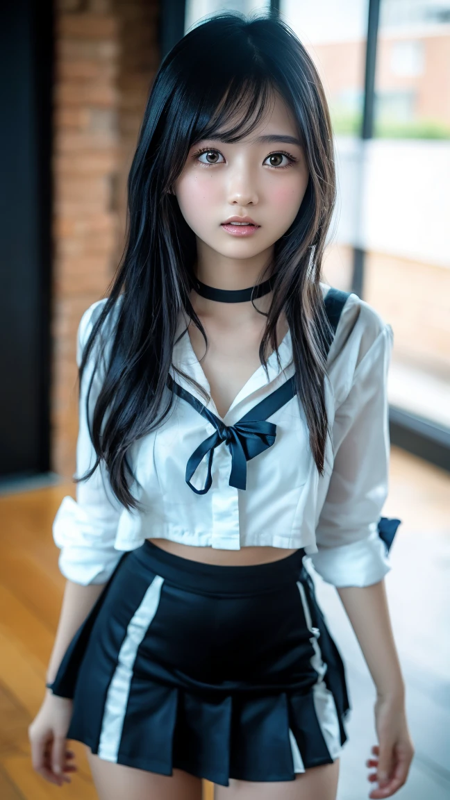 Long neck,Browsing Caution,Flat chest,Highest quality,Ultra-high resolution,1 person,whole body,Black Hair, bangs, Cool look,Looking into the camera,beautiful and delicate face,Fine and beautiful skin,Skin Texture,high school student, school uniform, (A white shirt ripped and shredded:1.1), tie,(Small breasts:1.2), Check mini skirt,Classroom after school,(Naked standing pose,1.3: