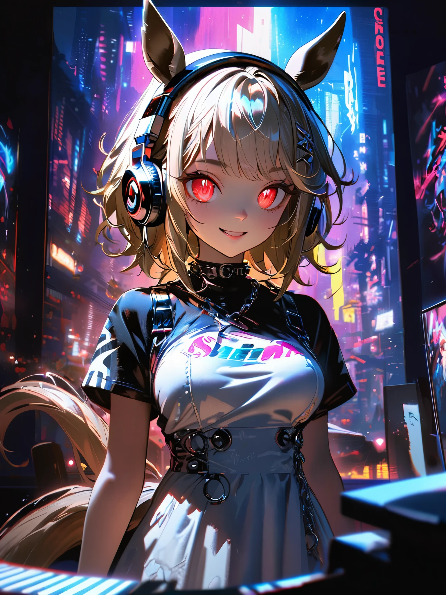 top-quality、Top image quality、masterpiece、girl with((18year old、Black and white cyber tank top、Green Line Cyber Short Skirt、Shining Cyber White Hoodie、Best Bust、Bust 90、Blonde Away Tail、Red Eyes、open chest wide、Valley、Happiness、A slender、ssmile、Red Face Paint、Black scarf、Reflecting the whole body、Slouched))hiquality、Beautiful Art、Background with((nightcity、cyberpunked、nightclubs))、masutepiece、Elaborate design、visualart、