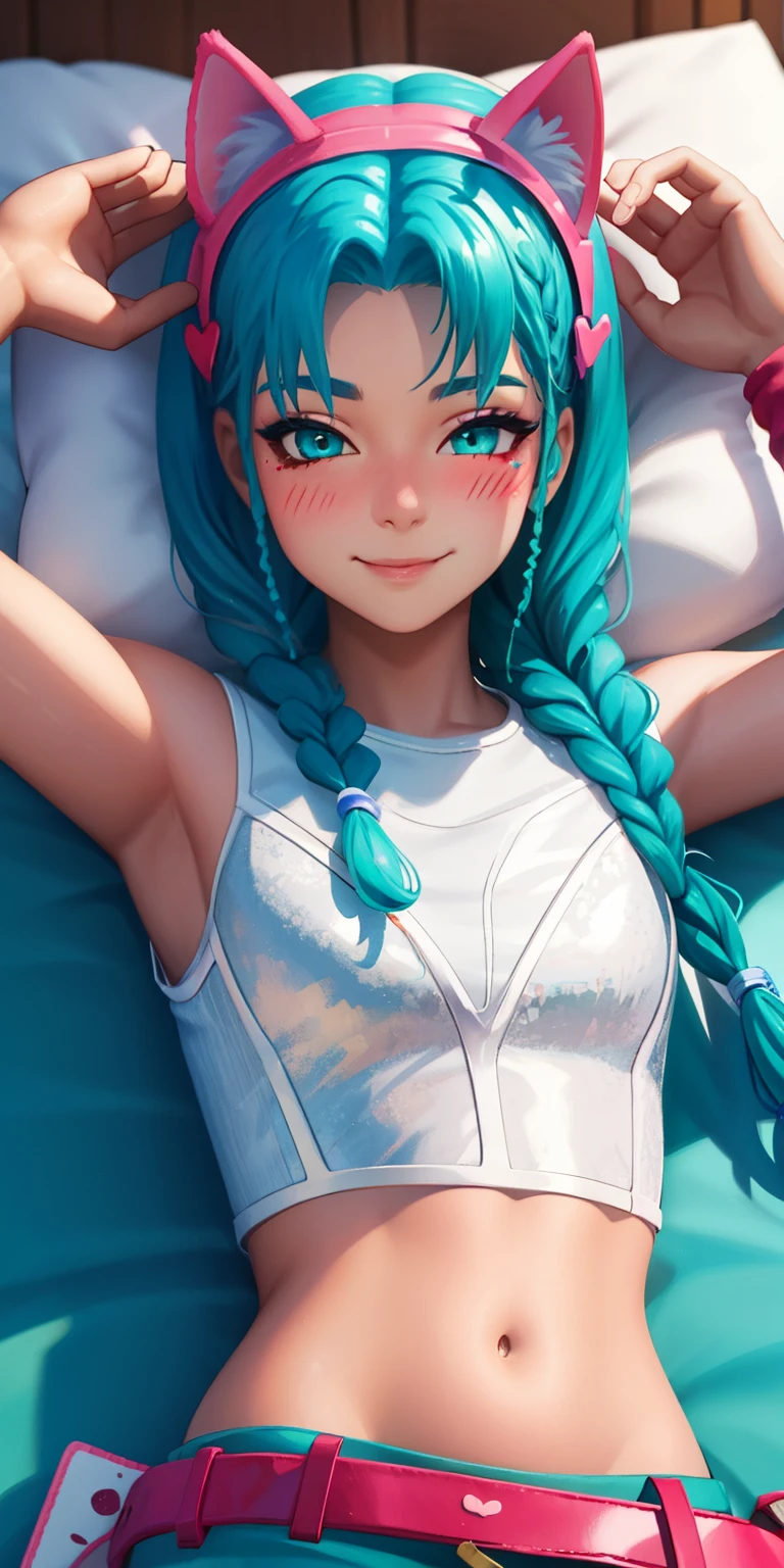 Lying on bed, 1girl,aqua hair, braided, aqua eyes, aqua eyeshadow, (eyeshadow1:1), (blush:1.1),upper body, heart,(speed lines:1.1), heart navel, cat ears headband, pink head band, white crop top, smile, looking at viewer, facing viewer, wink, 