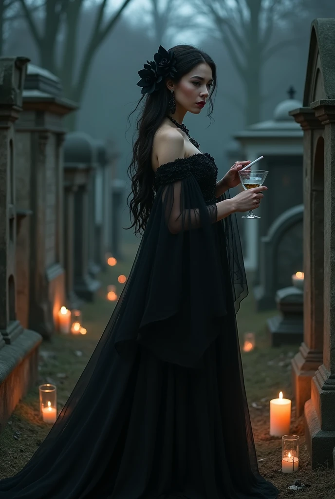 A dead woman wearing a white dress on the edge of a lake full of human skulls , and a basket full of dead babies 