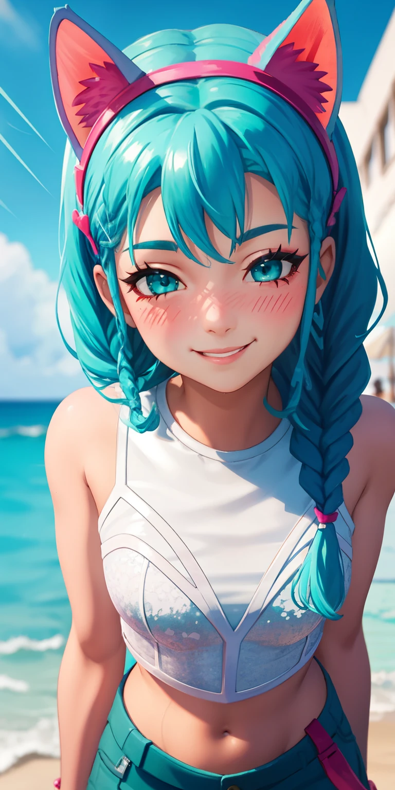 Beach background, 1girl,aqua hair, braided, aqua eyes, aqua eyeshadow, (eyeshadow1:1), (blush:1.1),upper body, heart,(speed lines:1.1), heart navel, cat ears headband, pink head band, white crop top, smile, looking at viewer, facing viewer, wink, pov girl Straddling on pov laps