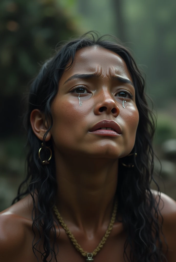 Head of afraid beutifull Malagasy woman Quit comes out of the water with water splash, with wet face and curly hair, bare torso, brown skin, in the forest, trees in the background, fog on the water, best quality, 4k, hyper detailled, high angle view, dramatic and coldcolors, only head out the water and the rest of the body under the water, sony photography shoot wity 135mm lens, golden hour, drowning in a swamp,long eyelashes,expression of despair,Dark and moody lighting, terror. The pose expresses panic and awkwardness, fleeing and swiming, crocodile at background