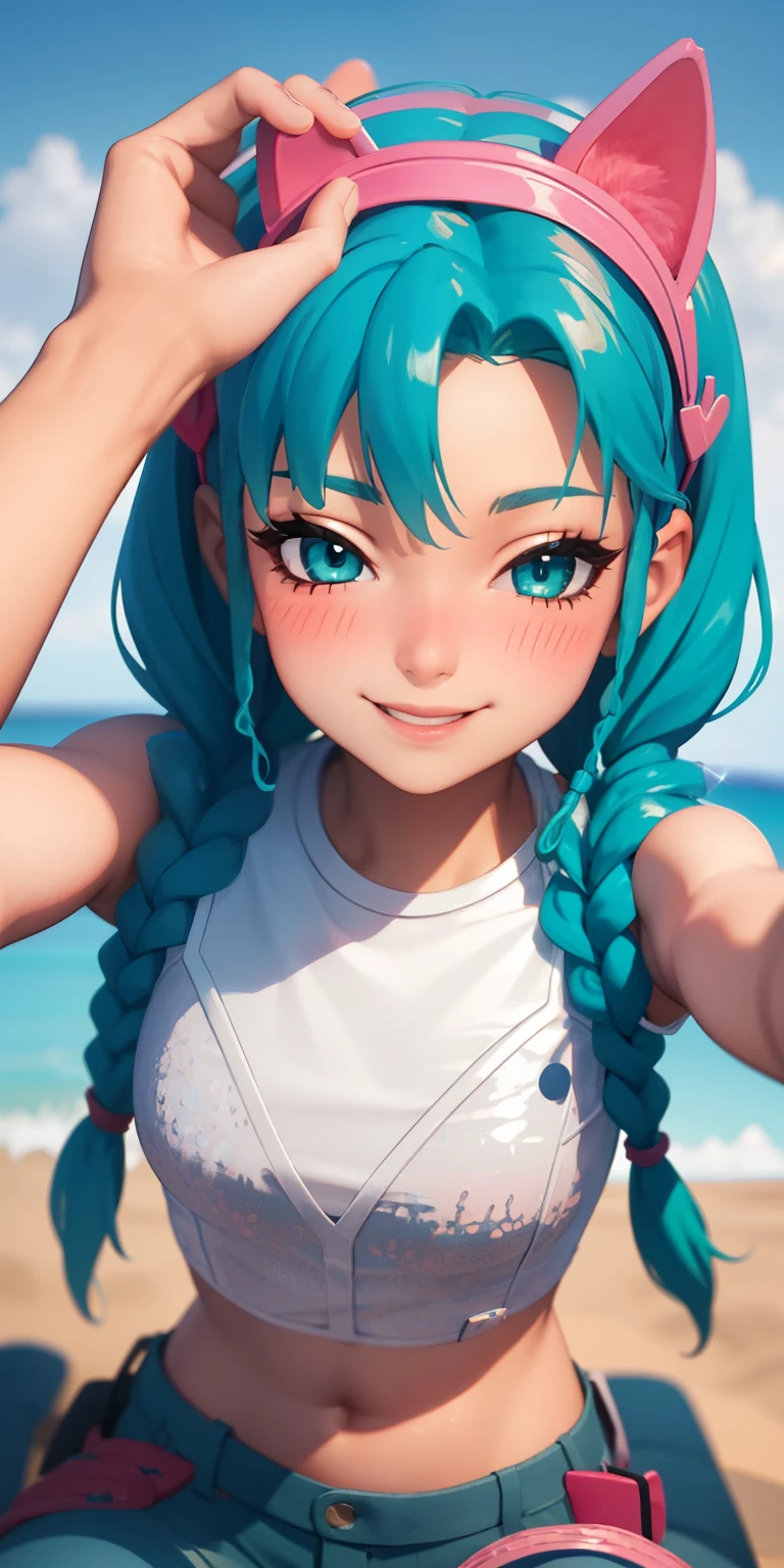 Beach background, 1girl,aqua hair, braided, aqua eyes, aqua eyeshadow, (eyeshadow1:1), (blush:1.1),upper body, heart,(speed lines:1.1), heart navel, cat ears headband, pink head band, white crop top, smile, looking at viewer, facing viewer, wink, pov, 1boy, girl Straddling on pov laps