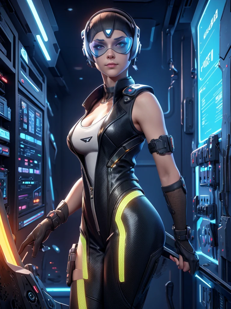 very slim female in long buzz cut hairstyle hacker, in golden vest, open vest, black Leather Cooling Jumpsuit with glowing with white light Vertical Stitching wires, Cyberpunk Glowing visor, Xtreme, breasts, big breasts, dirt on her clothes and face, black costume,leżącą na fotelu, dramatic lighting, realistic colors, highres, vivid colors, stunning neon city server room background, 8K image quality, Masterpiece