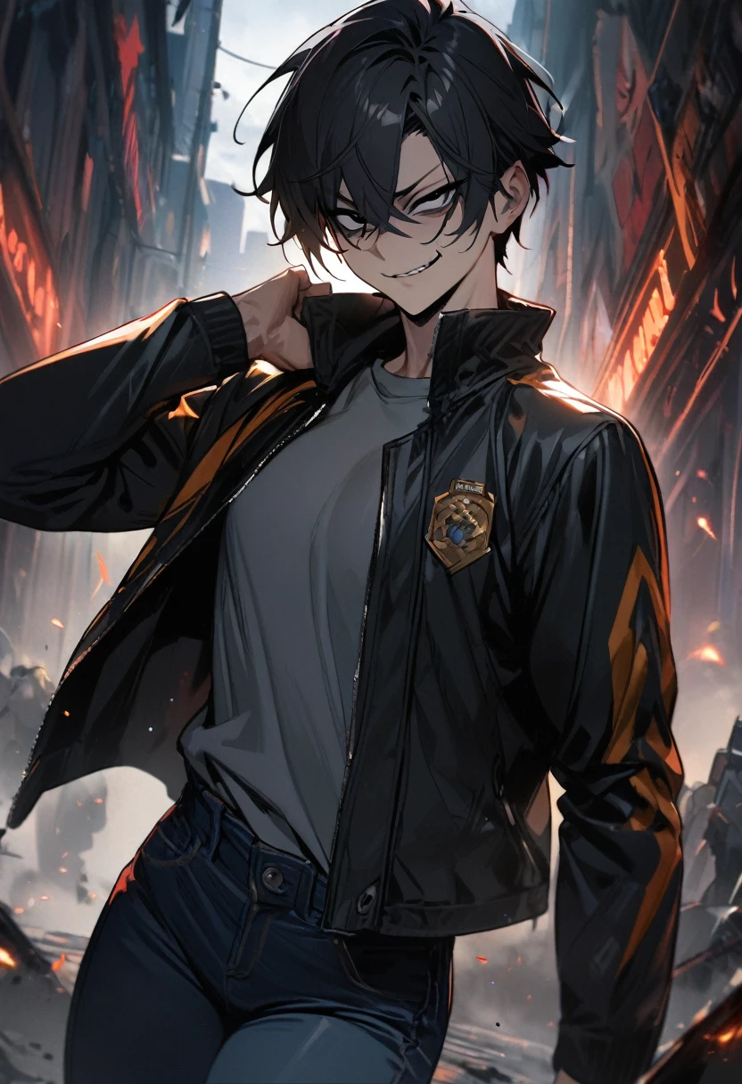 Grown-up guy, short black hair, Orange Eyes, leather jacket with spikes, circuits, Ghost Rider, Masterpiece, hiquality