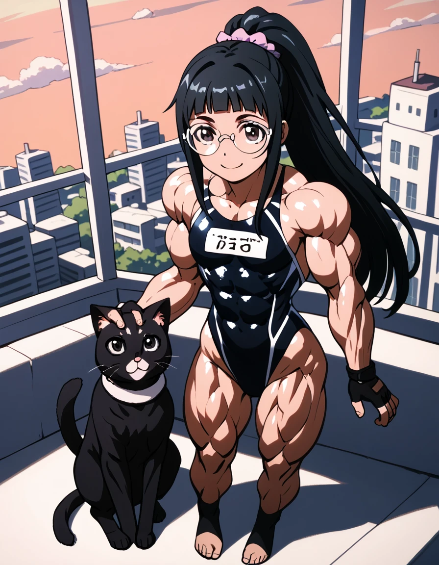 1girl, solo, anime style, 4k quality, masterpiece, best quality, young , cute, ,yui, long hair, blunt bangs, hime cut, black hair, long hair, high ponytail, hair scrunchie, black eyes, flat chest, bare legs, Fingerness Gloves, black ankle support, toeless legwear, muscular, muscular female, Female Bodybuilding Style, bodybuilder, pokkuti, muscular, hyper muscles, muscular abs, muscular arms, muscular legs, muscular neck, muscular pecs, muscular shoulders, muscular thighs, shiny skin,  one-piece swimsuit, black one-piece swimsuit, highleg swimsuit , skin tight, glasses, round eyewear, shiny clothes, no pants, full body, smile, closed mouth, standing, animal, cat, balcony, window, on building, skyscraper, rooftop, negative_hand, easynegative, wide shot,