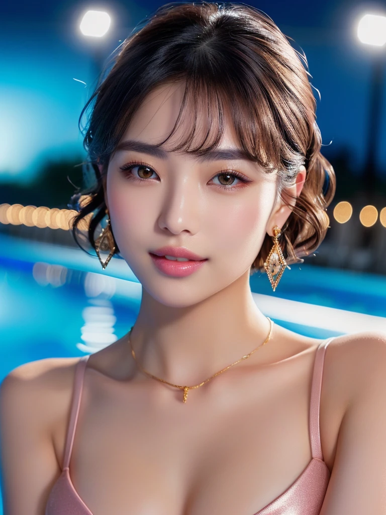 masterpiece, (photoGenuineistic: 1.4), highest quality, Beautiful lighting, Japanese , alone, jewelry, Earrings, (black eye、Big eyes、:1.2), (Brown Hair、short hair、bangsが揃っている:1.2), Outdoor, Big Breasts, Scapula, Glowing Lips,smile、sunset,Genuine, bangs, (Golden ratio face、plump lower lip、Pink Lips:1.4)、fine grain、Detailed nose、Fine ears、Shiny lip detail、Colored Stone Necklace, (Big Breasts:1.4),(CG Unity 8k high resolution wallpaper), Complex, Attention to detail, Sharp focus, dramatic, beautiful girl,(The water surface is reflected、Blurred Background、Full moon with many backgrounds、Big full moon、Night view:1.6)、(Brown Hair、short hair、Hair Bun、bangsが揃っている:1.2)