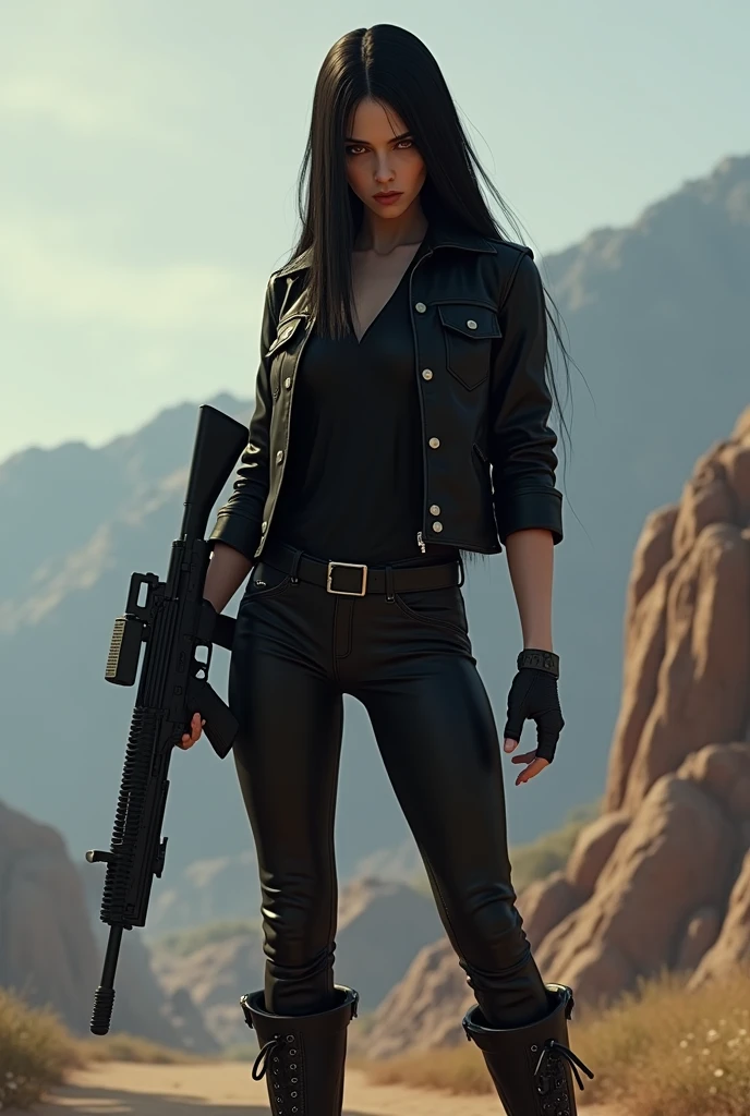 I want an image like this, I want a female character in the GTA 5 style with the following characteristics: long straight black hair, red eyes, white, thin, black pants, black jacket and blouse, black boot. I want the character with a rifle in his hand, I want any landscape from the GTA 5 map and I want the image from the hips up
